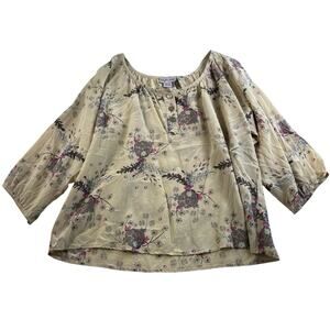 Bayla Jane Sz S Silk Top Blouse Popover Floral Print Women’s Oversized Boxy Tan
